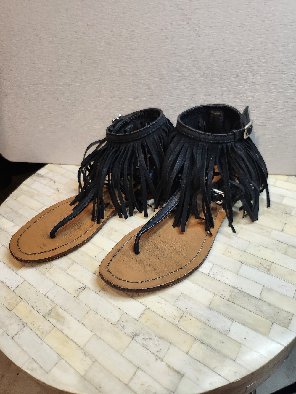 Prada Suede Fringe Ankle Strap Thong Sandals size 37